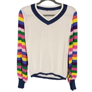 Vintage White V-Neck Navy Stripe Rainbow Glitter Balloon Sleeve Pride Sweater Md